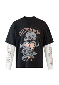 Camiseta masculina relaxada de manga dupla Death and Dishonor - preta