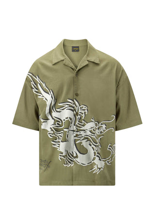 Mens Offset Dragon Camp Short Sleeve Shirt - Green