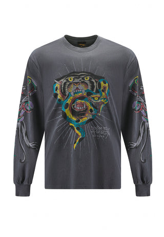 Langermet t-skjorte for menn, Panther og Snake Battle - Charcoal