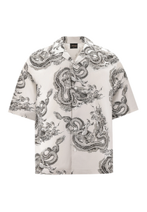 Mens Repeat Dragon Camp Short Sleeve Shirt - Grey/White