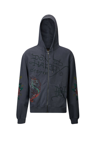 Mens Skull-Rider Graphic Zip Through Hoodie - Black