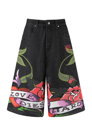 Shorts femininos Cherry Love Bomb relaxados jeans - preto