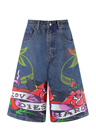 Shorts jeans femininos Cherry Love Bomb relaxados - Indigo