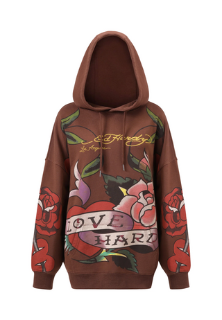 Womens Love Hard Graphic Relaxed Pouch Hoodie - Braun