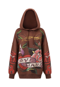 Womens Love Hard Graphic Relaxed Pouch Hoodie - Brown