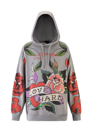 Womens Love Hard Graphic Relaxed Pouch Hoodie - Grau