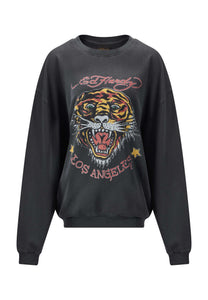 Dame Tiger-Vintage-Roar grafisk avslappet genser med rund hals - svart