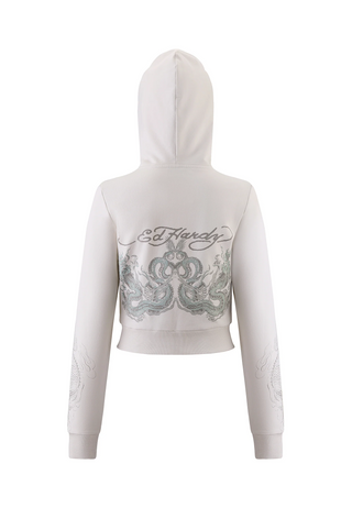 Sweat à capuche court zippé Twisted Dragon Graphic pour femme - Blanc