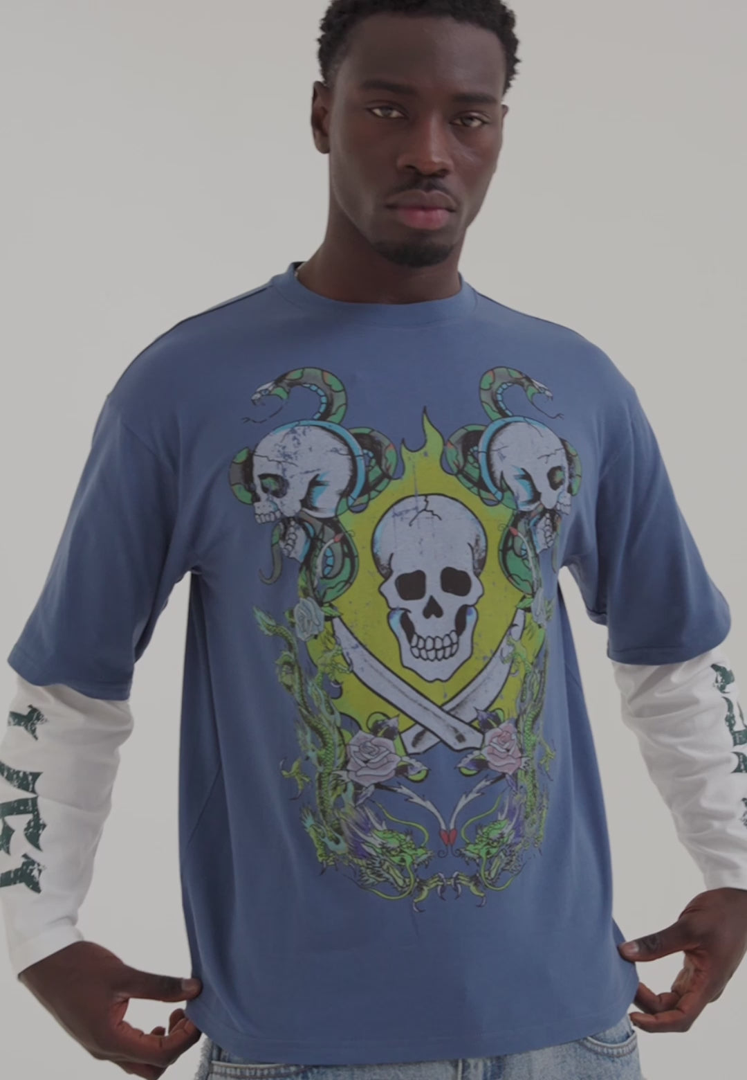 Mens Skull King Double Layer Long Sleeve Tshirt - Blue/White – Ed