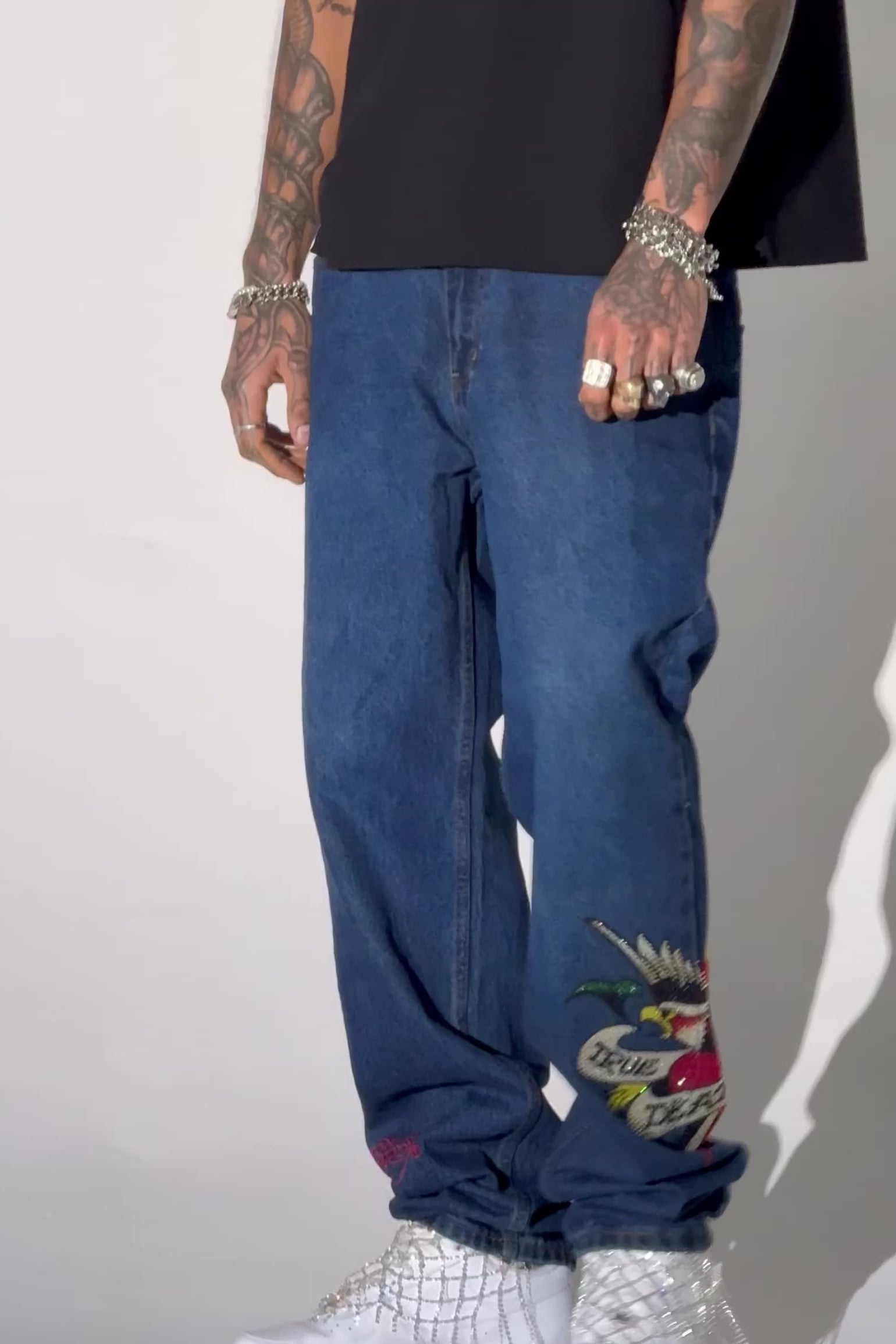 Mens True-Till-Death Diamante Denim Trousers Jeans - Indigo – Ed