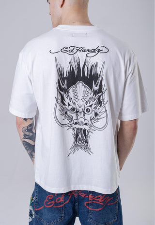 T-shirt tonale da uomo con retro draghi - bianca