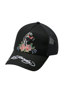 Cappellino trucker unisex in rete frontale in twill Panther-Rose - nero