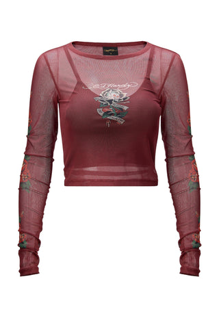 Dame Rose-Of-Death Mesh Langærmet T-shirt - Rød