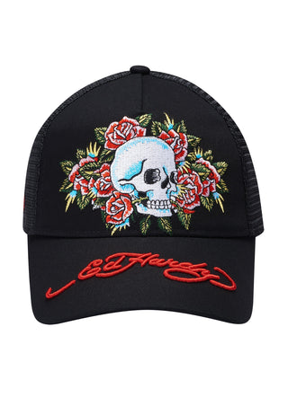 Unisex Skull-Rose Twill Front Mesh Trucker Cap - Zwart