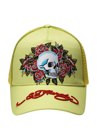 Unisex Skull-Rose Twill Mesh Trucker Cap vorne – Limette