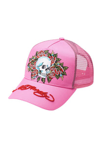 Gorra Trucker unisex de malla frontal de sarga con calavera y rosa - Rosa