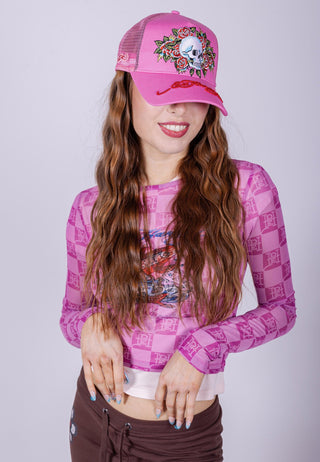 Cappellino trucker unisex in rete frontale in twill con teschio e rosa - rosa