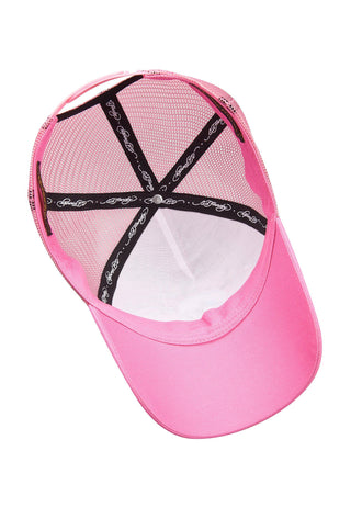 Cappellino trucker unisex in rete frontale in twill con teschio e rosa - rosa