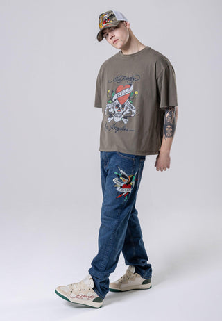 Herre True-Til-Death Tattoo Grafiske Denim Bukser Jeans - Indigo
