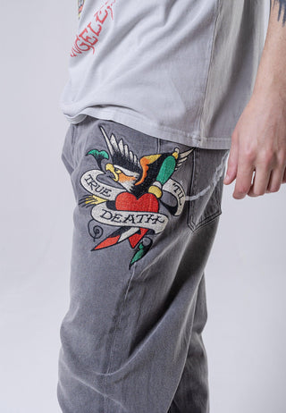 Herr True-Til-Death Tattoo Graphic Denim Byxor Jeans - Svart
