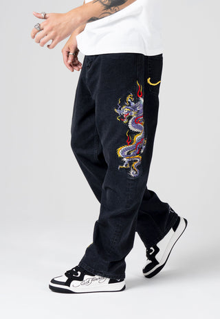 Męskie spodnie dżinsowe z tatuażem Battle-Dragon Baggy Jeans - czarne