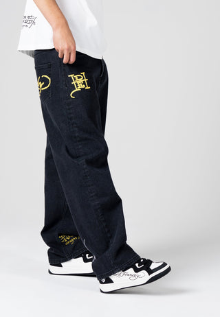 Pantaloni da uomo in denim con tatuaggio Battle-Dragon Jeans larghi - neri