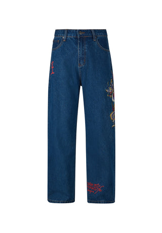 Męskie spodnie jeansowe z tatuażem Battle-Dragon Baggy Jeans - indygo