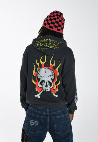 Suéter masculino com capuz e zíper Burning Skull - preto