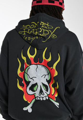 Suéter masculino com capuz e zíper Burning Skull - preto