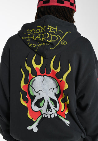 Mens Burning Skull Zip Hoodie Jumper - Black