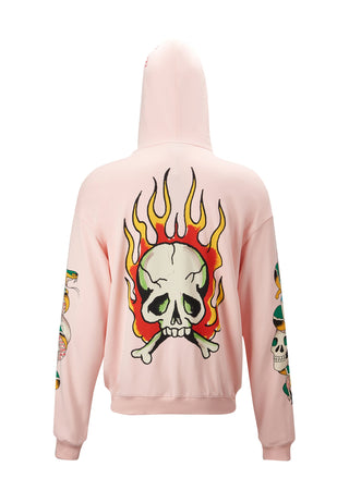Mens Burning Skull Zip Hoodie Jumper - Pink