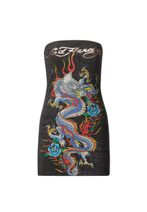 Damska sukienka typu bandeau z pełzającym smokiem - grafitowa