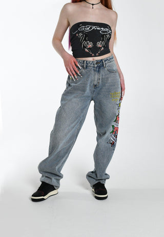 Damen-Jeans „Death Before Dishonor“ mit entspannter Passform aus Denim – gebleicht