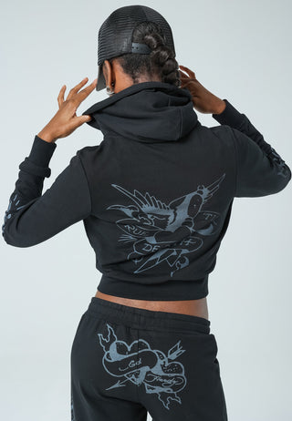 Dame Eagle-Till-Death Cropped Zip Through Hoody - Washed Black