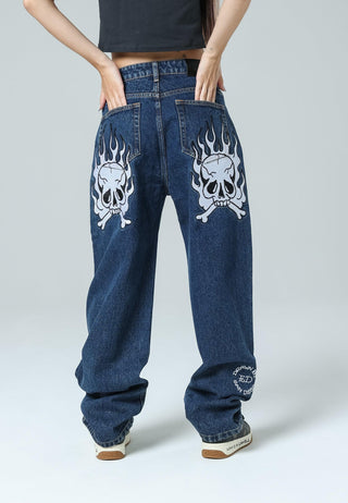Calça jeans feminina Flaming Skull com ajuste relaxado - Indigo