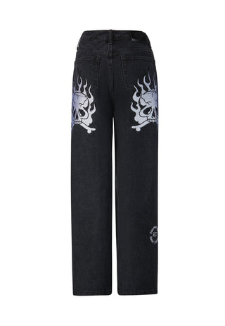 Damskie jeansowe spodnie Flaming Skull o swobodnym kroju - czarne