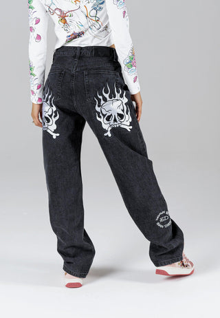 Dames Flaming Skull Relaxed Fit Denim Broek Jeans - Zwart