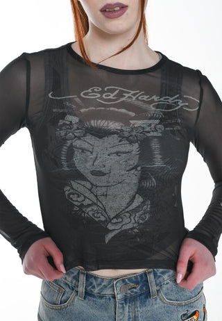 Geisha-Girl Mesh-Langarm-T-Shirt für Damen – Schwarz