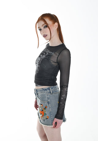 T-shirt a maniche lunghe in rete da donna Geisha-Girl - Nera