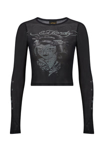 Geisha-Girl Mesh-Langarm-T-Shirt für Damen – Schwarz