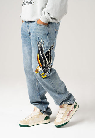 Mens Golden-Eagle Tattoo Graphic Denim Trousers Jeans - Bleach