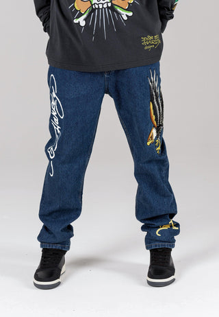 Pantalon en jean graphique Golden-Eagle Tattoo pour homme - Indigo