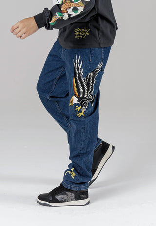 Herre Golden-Eagle Tattoo Graphic Denim Bukser Jeans - Indigo
