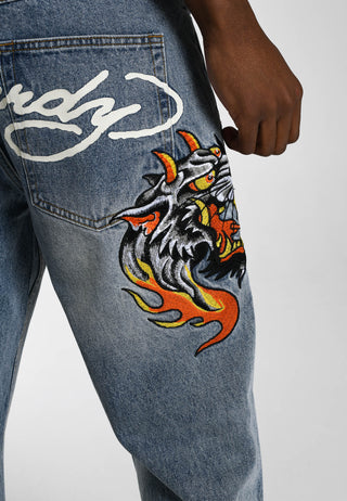 Miesten Hell-Cats Tattoo Graphic Denim Housut Farkut - Valkaisuaine