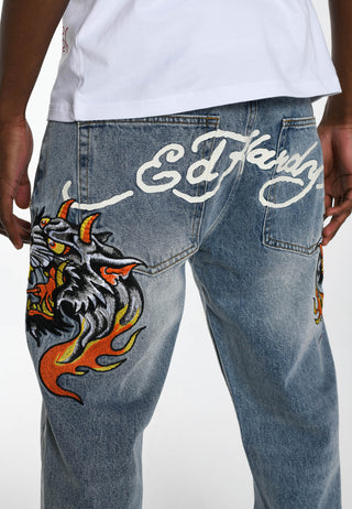 Hell-Cats Tattoo Graphic Denim-Jeans für Herren – gebleicht