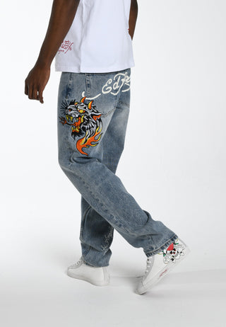 Męskie jeansowe spodnie Hell-Cats Tattoo Graphic – wybielacz