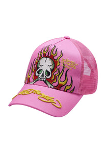 Unisex Hell-Fire Twill Mesh Trucker Cap vorne – Pink