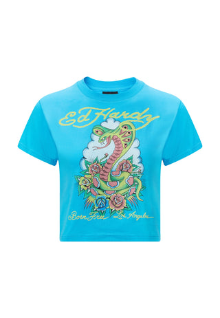 Dam La-Cobra Graphic Baby Crop T-shirt - Blå