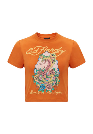 Damska koszulka o krótkim kroju La-Cobra z grafiką dla niemowląt - pomarańczowa
