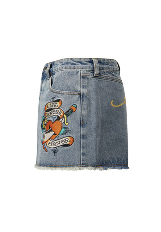 Damska haftowana spódnica mini z obniżonym brzegiem - wybielacz